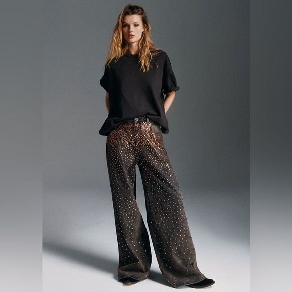 One Teaspoon Embellished Love Machine Jeans Wide Leg Dark Wash Sequin Studded - Picture 1 of 14